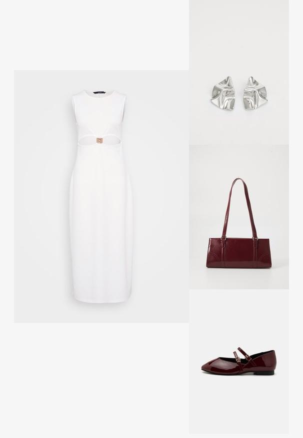 Robe blanche sans manches avec un design découpé à la taille, mettant en avant une boucle rectangulaire beige et une silhouette droite.; Anna Field by Zalando Babies - dark red; Sac à main bordeaux en matériau brillant, de forme rectangulaire, avec deux anses et des accents légèrement courbés à l'avant.; Boucles d'oreilles en métal argenté avec un design ondulé et sculptural, présentant une finition polie et des formes irrégulières, mettant en valeur une esthétique contemporaine.