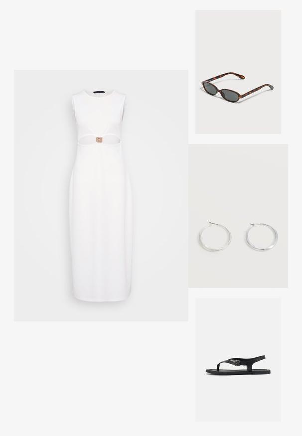 Robe blanche sans manches avec un design découpé à la taille, mettant en avant une boucle rectangulaire beige et une silhouette droite.; Sandale plate noire avec bride à la cheville, entre-doigt et boucle argentée sur semelle lisse, vue de côté sur fond blanc.; Petites lunettes de soleil ovales en écaille avec des verres foncés reposant sur une surface gris clair.; Boucles d’oreilles créoles en métal argenté avec une surface lisse légèrement incurvée et des fermoirs à clapet sur un fond blanc uni.