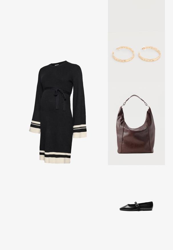Robe de maternité noire côtelée avec manches longues, ceinture ajustée à la taille et rayures accent blanches aux poignets et à l'ourlet. Texture douce.; Chaussure noire plate en cuir avec un bout pointu, bride réglable avec une boucle en métal, texture lisse et design minimaliste.; Sac à bandoulière en cuir marron foncé avec une seule sangle réglable, un dessus légèrement incurvé et une fermeture éclair sur un côté.; Boucles d'oreilles créoles ton or avec un design ondulé irrégulier et des accents de cristaux clairs incrustés, fixées par des clous à dos en plastique.