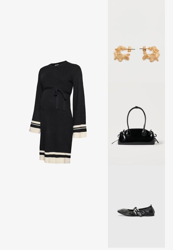 Robe de maternité noire côtelée avec manches longues, ceinture ajustée à la taille et rayures accent blanches aux poignets et à l'ourlet. Texture douce.; Chaussure plate en cuir noir avec un nez pointu, des détails froncés autour de l'ouverture et un accent en boucle argentée sur la bride ajustable.; Petit sac à main noir brillant avec deux longues anses et des détails à cordon sur les côtés sur un fond clair uni.; Boucles d'oreilles dorées avec une forme abstraite et organique, présentant une surface texturée et une fermeture à poussette.