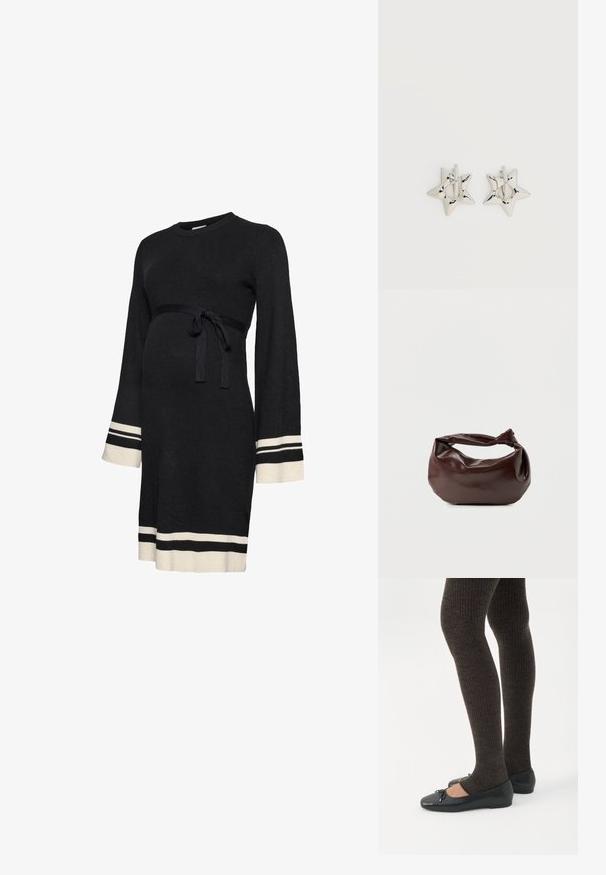 Vestido premamá negro de canalé con mangas largas, cinturón ajustado en la cintura y franjas blancas en los puños y el dobladillo. Textura suave.; Piernas con leggings oscuros acanalados combinados con bailarinas negras que presentan pequeños detalles de lazo sobre un fondo blanco.; Bolso de hombro de cuero marrón oscuro con una forma suave y caída, y un asa con nudo torcido sobre un fondo blanco liso.; Pendientes de aro plateados en forma de estrella con un acabado liso y pulido sobre un fondo blanco liso.