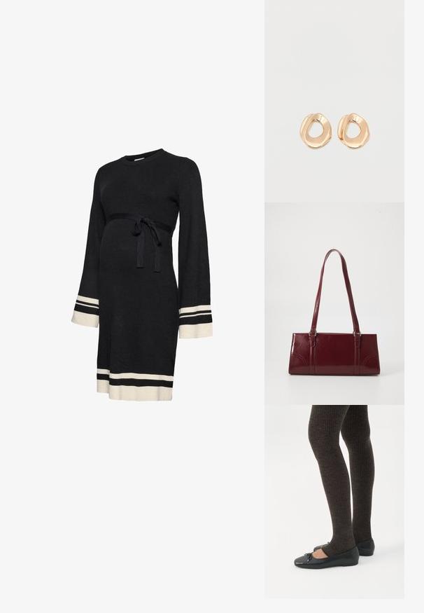 Robe de maternité noire côtelée avec manches longues, ceinture ajustée à la taille et rayures accent blanches aux poignets et à l'ourlet. Texture douce.; Jambes portant des leggings côtelés foncés associés à des ballerines noires avec de petits détails en nœud sur fond blanc.; Sac à main bordeaux en matériau brillant, de forme rectangulaire, avec deux anses et des accents légèrement courbés à l'avant.; Paired boucles d'oreilles en métal doré poli de forme irrégulière avec un centre ouvert sur un fond blanc uni.