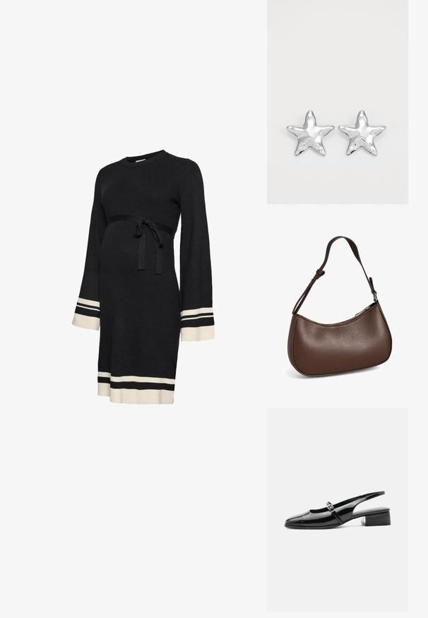 Robe de maternité noire côtelée avec manches longues, ceinture ajustée à la taille et rayures accent blanches aux poignets et à l'ourlet. Texture douce.; Chaussure slingback en cuir verni noir avec un petit talon bloc et une fine bride avec une boucle argentée sur le dessus.; Petit sac bandoulière en cuir marron avec sangle réglable et fermeture éclair, présenté sur fond blanc. Aucun logo ou décoration visible.; Boucles d'oreilles argentées en forme d'étoile, avec une surface lisse et brillante. Chaque boucle d'oreille possède cinq pointes et des détails subtils de texture de surface.