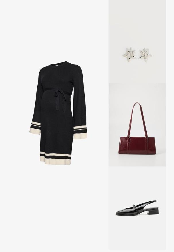 Robe de maternité noire côtelée avec manches longues, ceinture ajustée à la taille et rayures accent blanches aux poignets et à l'ourlet. Texture douce.; Chaussure slingback en cuir verni noir avec un petit talon bloc et une fine bride avec une boucle argentée sur le dessus.; Sac à main bordeaux en matériau brillant, de forme rectangulaire, avec deux anses et des accents légèrement courbés à l'avant.; Boucles d’oreilles créoles en forme d’étoile argentée avec une finition lisse et polie sur un fond blanc uni.