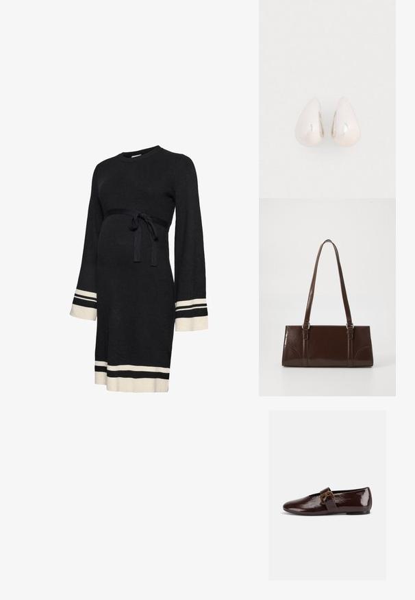 Robe de maternité noire côtelée avec manches longues, ceinture ajustée à la taille et rayures accent blanches aux poignets et à l'ourlet. Texture douce.; Chaussure plate en cuir verni marron foncé avec une large bride à boucle dorée et un bout arrondi, présentée de profil sur fond blanc.; Sac à main en cuir verni marron de forme rectangulaire, avec deux longues poignées et des accents courbés subtils à l'avant.; Boucles d'oreilles en métal argenté en forme de goutte, avec une surface lisse et réfléchissante, présentant un design sans couture et sans embellissements visibles.