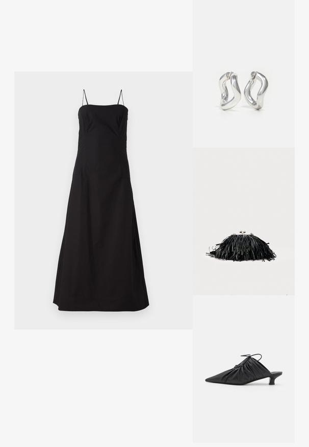Faithfull the brand OSTANO DRESS - Maxikleid - black; Schwarze Leder-Mules zum Hineinschlüpfen mit spitzer Zehe, geraffter Textur und kleinem Kitten-Heel. Verfügt über ein Zugbanddetail am Öffnung.; Schwarze Clutch mit Fransen, silbernem Verschluss und Kettenriemen vor schlichtem, hellem Hintergrund.; Silberne Creolen mit gedrehtem Design. Abgerundete Kanten und glänzende Oberfläche. Offen schließende Verschlüsse für einfaches An- und Ausziehen. Glatte Textur durchgehend.