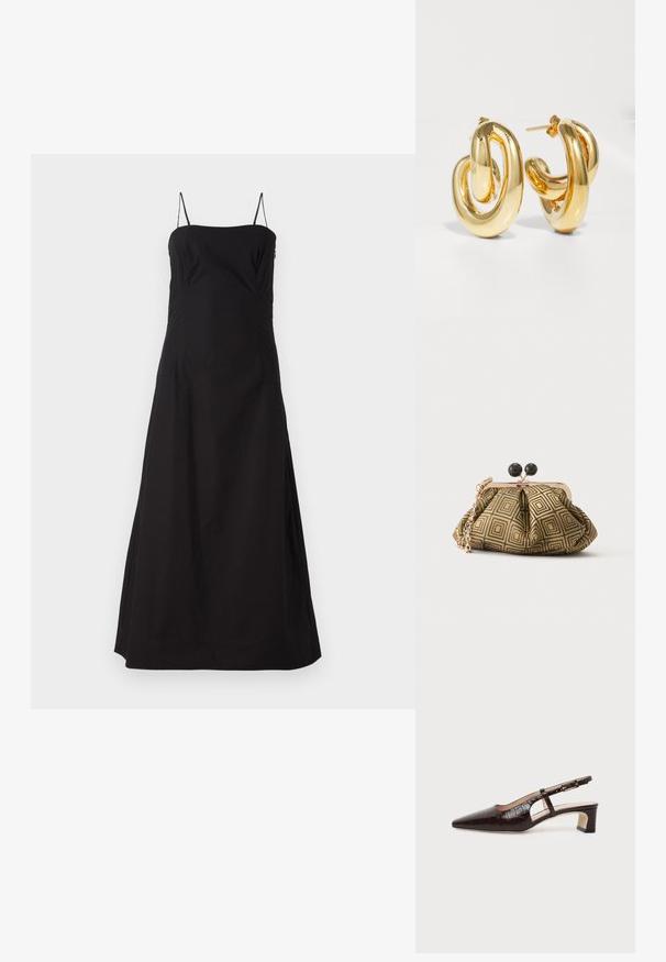 Faithfull the brand OSTANO DRESS - Μάξι φόρεμα - black; Σκούρο καφέ δερμάτινο παπούτσι slingback με υφή κροκόδειλου, μυτερή μύτη, χαμηλό τακούνι και ρυθμιζόμενο λουράκι με χρυσή αγκράφα.; Μικρό τσαντάκι χειρός με γεωμετρικό σχέδιο σε χρυσό και μαύρο, πλαίσιο από μεταλλικό χρυσό, μαύρο κούμπωμα σε σχήμα μπάλας και κοντή χρυσή αλυσίδα.; Charlotte Chesnais BO INITIAL BLOW - Σκουλαρίκια - gold-coloured