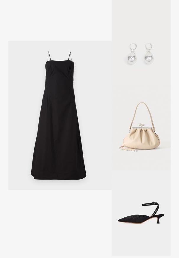 Faithfull the brand OSTANO DRESS - Maxikleid - black; Schwarzer, spitz zulaufender Schuh mit niedrigem Absatz, gerüschtem Obermaterial und dünnem Knöchelriemen mit Schnalle, seitlich auf weißem Hintergrund dargestellt.; Beige weiche Lederhandtasche mit silbernem Metallrahmenverschluss, einem Schulterriemen und einem optionalen Kettenriemen auf weißem Hintergrund.; Silberne Tropfenohrringe mit glatten, runden, reflektierenden Oberflächen, die an Hakenverschlüssen hängen. Der Hintergrund ist reinweiß.