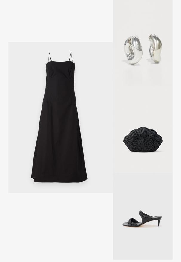 Faithfull the brand OSTANO DRESS - Maxikleid - black; Schwarze Sandalen mit Absatz und eckiger Spitze aus glattem Leder. Verfügen über geraffte Riemen und einen schlanken Absatz für zusätzlichen Auftrieb.; Schwarze Korbtasche in Muschelform mit gebogenem Oberteil und gewebter Textur auf einfarbigem Hintergrund.; Silberne skulpturale Ohrringe mit glatten, geschwungenen Formen und reflektierenden Oberflächen. Sie verfügen über ein geschlossenes Ringdesign und eine ausgeprägte organische Form.