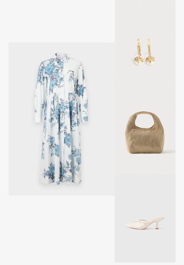 Robe chemise fleurie en bleu clair et blanc, munie de manches longues, d'un col, d'une fermeture à boutons, et d'une jupe évasée ornée de motifs de roses.; Chaussure mule en tissu beige clair avec un design noué à l'avant, bout pointu et talon fin et effilé. Texture lisse dans l'ensemble.; Petit sac à main doré recouvert de clous ronds brillants avec une poignée courte et une découpe rectangulaire en haut.; Boucles d'oreilles créoles en or avec des perles blanches pendantes serties d'or et de petits cristaux clairs sur un fond clair uni.