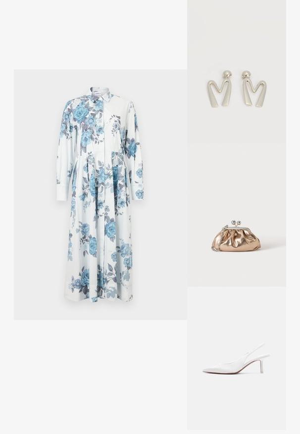 Robe chemise fleurie en bleu clair et blanc, munie de manches longues, d'un col, d'une fermeture à boutons, et d'une jupe évasée ornée de motifs de roses.; Chaussure pour femme en cuir blanc avec bride arrière, bout pointu, petit talon kitten bas et petit nœud décoratif sur le dessus, vue de profil latéral.; Petit sac pochette métallique dorée avec fermoir argenté et chaîne sur un fond clair uni.; Paire de boucles d'oreilles en métal argenté en forme de lettre M angulaire avec des tiges arrondies sur fond blanc.