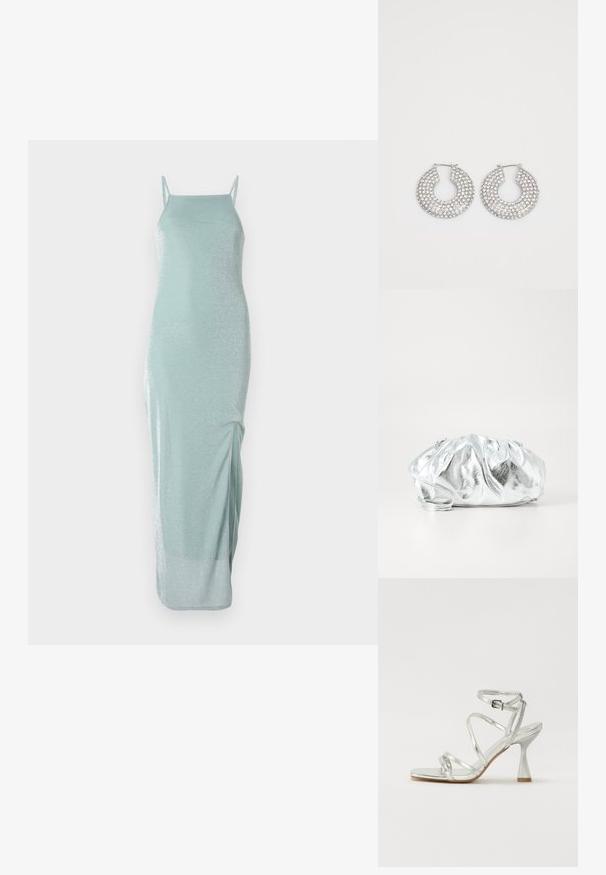 Vestido largo sin mangas de color verde menta claro con una textura brillante. Cuenta con tirantes finos y una abertura lateral para facilitar el movimiento.; Sandalia de tacón alto plateada con múltiples correas entrecruzadas, una correa ajustable en el tobillo y un tacón esculpido, todo con un acabado metálico brillante.; Bolso de mano plateado metálico con un cuerpo suave y fruncido y una correa de hombro delgada. Presenta una textura suave y brillante y una forma redondeada.; Aros de plata en forma de aro adornados con múltiples embellishments de cristal transparente, con una superficie texturizada y un diseño circular abierto.