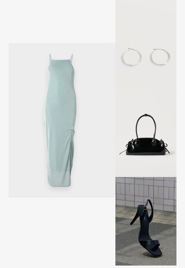Vestido largo sin mangas de color verde menta claro con una textura brillante. Cuenta con tirantes finos y una abertura lateral para facilitar el movimiento.; Sandalia negra de tacón alto con correa en el tobillo y punta cuadrada, situada sobre el pavimento frente a una pared con azulejos.; Pequeño bolso negro brillante con dos asas largas y detalles de cordón lateral sobre un fondo claro liso.; Pendientes de aro de metal plateado con superficie lisa y ligeramente curvada y cierre de tipo mosquetón sobre un fondo blanco liso.