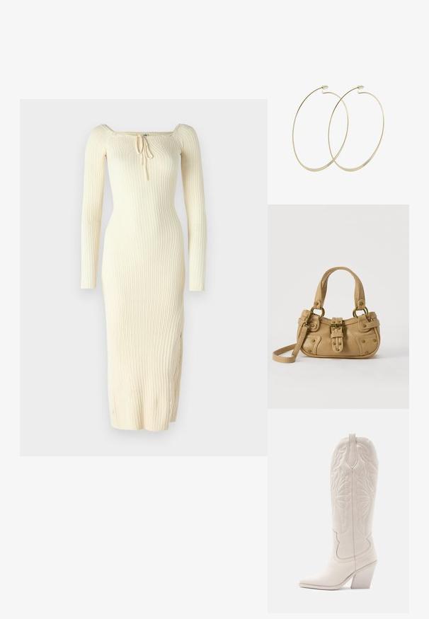 Gestreiftes, langärmliges Kleid in Creme mit quadratischem Ausschnitt und verstellbarem Kordelzugdetail vorne. Figurbetonter Schnitt mit seitlichem Schlitz.; Weiße Leder-Cowboystiefel mit spitzer Zehe und blockiertem Absatz. Sie verfügen über aufwendige Steppmuster am Schaft und eine glatte Textur.; Beige Lederhandtasche mit doppelten Griffen, Messingschnalle und Nieten, sowie verstellbarem Schultergurt vor weißem Hintergrund.; Pilgrim Ohrringe - gold-coloured