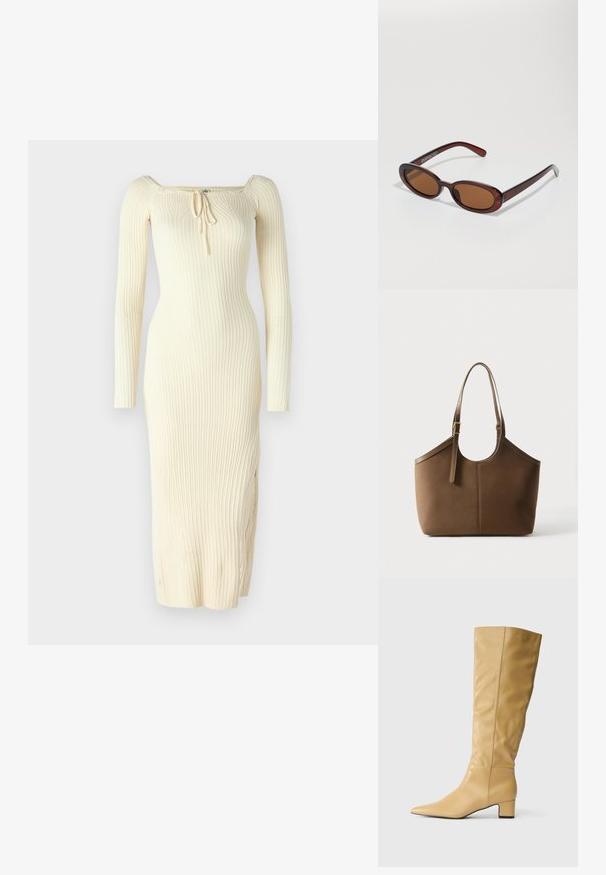 Gestreiftes, langärmliges Kleid in Creme mit quadratischem Ausschnitt und verstellbarem Kordelzugdetail vorne. Figurbetonter Schnitt mit seitlichem Schlitz.; Beige kniehohe Lederstiefel mit niedrigem Blockabsatz und spitzem Fuß, seitlich auf einem weißen Hintergrund dargestellt.; Runde, braun getönte Sonnenbrillen mit einem glänzenden burgunderfarbenen Rahmen. Schlanke Bügel mit dezentem Branding. Flaches Linsendesign.; Braune Leder-Tote mit verstellbarem Schulterriemen und goldener Schnalle, glatte Textur, vor schlichtem weißem Hintergrund präsentiert.
