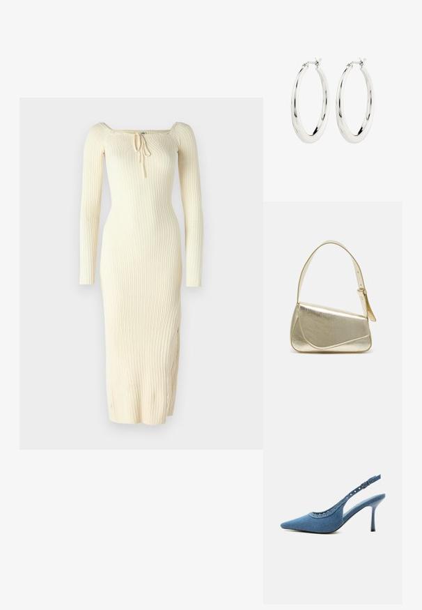 Gestreiftes, langärmliges Kleid in Creme mit quadratischem Ausschnitt und verstellbarem Kordelzugdetail vorne. Figurbetonter Schnitt mit seitlichem Schlitz.; Blauer Denim-Pumps mit spitz zulaufender Vorderkappe, silbernen Ösendetails und verstellbarem Schnallenriemen.; Goldfarbene metallische Handtasche mit strukturiertem Design, glatter Textur und verstellbarem Tragegurt. Sie verfügt über eine einzigartige dreieckige Form und minimalistische Nähte.; Silberne Creolen mit einer glatten, glänzenden Oberfläche. Kreisform, ausgestattet mit einem sicheren Verschluss. Einfaches und elegantes Design.