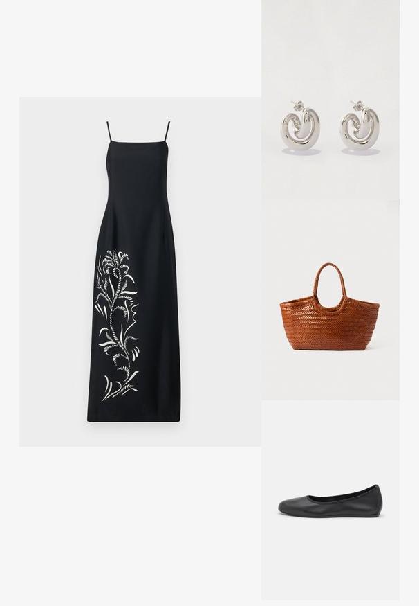 Robe noire à fines bretelles, ornée d'un design de broderie florale blanche sur un côté, en tissu lisse et avec une silhouette droite.; Ballerines en cuir noir avec un bout rond, texture lisse, détails de couture minimalistes et design de semelle flexible.; Sac fourre-tout tissé de couleur marron avec une forme large, des poignées tressées et une surface texturée. Il présente un sommet arrondi et un intérieur ouvert.; Boucles d'oreilles en métal argenté avec un design tourbillonnant, présentant des surfaces lisses et une finition polie, maintenues par un fermoir en papillon.
