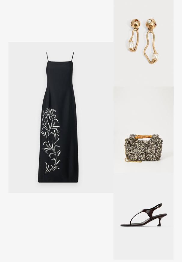 Zwart jurkje met dunne bandjes, voorzien van een witte bloemenborduurontwerp aan één kant, gladde stof en een rechte silhout. ; Donkerbruine lakleren slingbacksandaal met kittenheel en teenbandje op witte achtergrond.; Geweven tas met een gestructureerd zwart-en-crème patroon, bamboe handvat en een afneembare gouden kettingriem. Compacte rechthoekige vorm.; Goudkleurige oorbellen met onregelmatige open vormen, elk met een parel aan de onderkant en edelsteendetails op de ronde stekers.