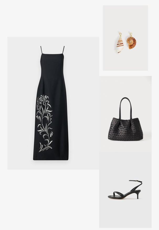 Robe noire à fines bretelles, ornée d'un design de broderie florale blanche sur un côté, en tissu lisse et avec une silhouette droite.; Sandale pour femme en cuir noir avec fines lanières, une boucle d'orteil, une boucle à la cheville et un talon aiguille de hauteur moyenne sur un fond neutre.; Sac cabas en cuir tressé noir avec deux longues anses et un design doux et structuré sur un fond clair uni.; Boucles d'oreilles asymétriques avec pendentifs en coquillages, clous dorés avec dessus en perle et petites pierres précieuses transparentes incrustées sur chaque coquillage.
