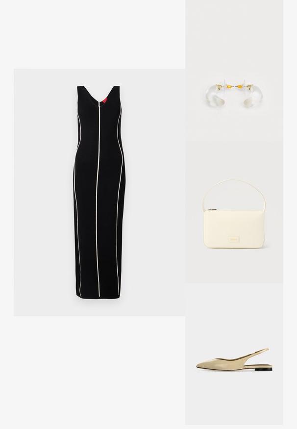 Sort ærmeløs kjole med V-hals design, lodrette hvide striber og en tætsiddende silhuet. Glat stof med en subtil glans.; Beige spids tå slingback flad sko med lav sort hæl og en glat læderfinish, vist fra siden på en ensfarvet baggrund.; Kremfarvet rektangulær håndtaske med en enkelt rem og lynlås øverst, med en lille præget logo-plakette foran.; Klare akryl hoops øreringe med guld accenter, der har et buet design og en transparent lås. Glat tekstur, minimalistisk stil.