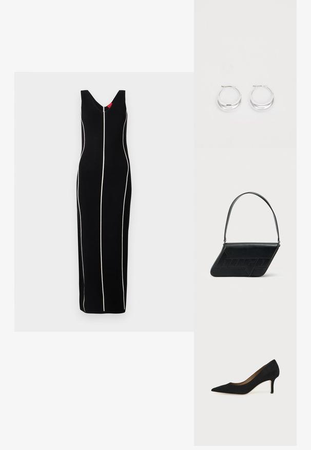 Vestido negro sin mangas con un diseño de escote en V, rayas verticales blancas y una silueta ajustada. Tela suave con un brillo sutil.; Salón de ante negro con punta puntiaguda, tacón de aguja delgado de altura media y diseño de corte bajo sobre un fondo liso.; Bolso de hombro de cuero negro con forma triangular, logo en relieve y una sola correa ajustable. Diseño minimalista con textura suave.; Pendientes de aro de plata con un acabado pulido y la marca DKNY, exhibidos sobre un fondo blanco liso.