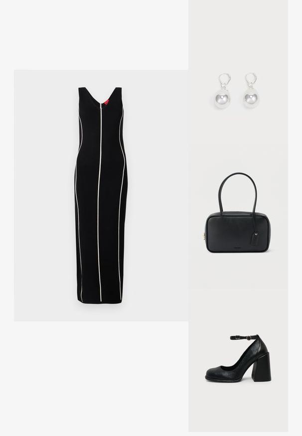 Vestido negro sin mangas con un diseño de escote en V, rayas verticales blancas y una silueta ajustada. Tela suave con un brillo sutil.; Zapato negro de cuero con tacón alto, punta redondeada y correa ajustable en el tobillo con hebilla dorada sobre fondo liso claro.; Bolso rectangular negro con asas dobles redondeadas, cremallera dorada y logo "HUGO" en relieve en el frente con etiqueta de cuero adjunta.; Pendientes de plata en forma de gota con superficies redondas y reflectantes colgando de cierres de palanca. El fondo es blanco liso.