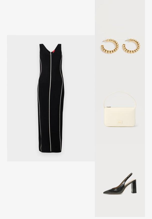 Sort ærmeløs kjole med V-hals design, lodrette hvide striber og en tætsiddende silhuet. Glat stof med en subtil glans.; Sort læder peep-toe slingback sko med blokhæl og et lille logo på siden, sat mod en enkel hvid baggrund.; Kremfarvet rektangulær håndtaske med en enkelt rem og lynlås øverst, med en lille præget logo-plakette foran.; Et par guldfarvede creoler med afrundede perle-detaljer langs den ydre kant på en lys baggrund.