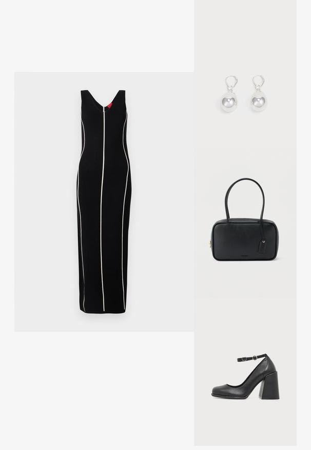Vestido negro sin mangas con un diseño de escote en V, rayas verticales blancas y una silueta ajustada. Tela suave con un brillo sutil.; Zapato de piel negra con tacón alto, punta redondeada y tacón grueso en bloque, con una correa ajustable en el tobillo con una pequeña hebilla redonda.; Bolso rectangular negro con asas dobles redondeadas, cremallera dorada y logo "HUGO" en relieve en el frente con etiqueta de cuero adjunta.; Pendientes de plata en forma de gota con superficies redondas y reflectantes colgando de cierres de palanca. El fondo es blanco liso.