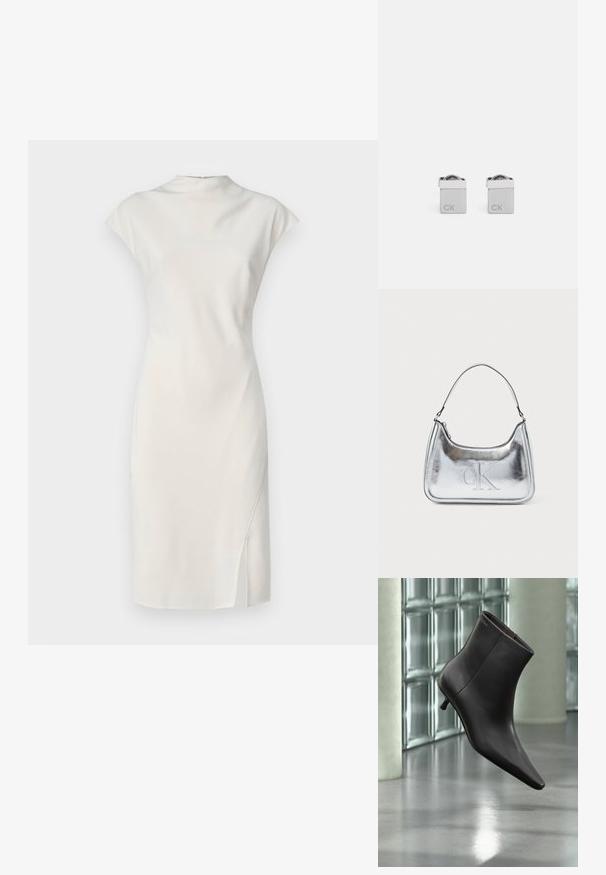 Vestido blanco sin mangas con un escote alto y una abertura lateral. Textura suave, diseño ajustado y estilo minimalista.; Bota de cuero negro para el tobillo con puntera puntiaguda y tacón pequeño, exhibida frente a una pared de bloques de vidrio y un suelo pulido.; Bolso de mano metálico plateado con forma curva, cierre de cremallera y correa para el hombro. Presenta el logo "CK" grabado en la parte frontal.; Gemelos de puño cuadrados de plata con un acabado pulido, que presentan las letras grabadas "CK" en un lado y un detalle redondeado en la parte superior.