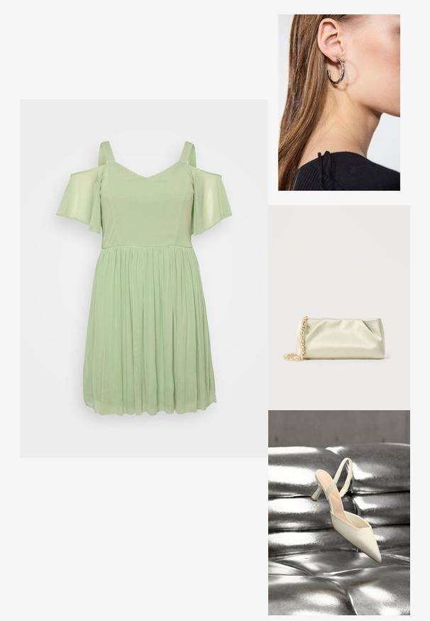 Lichtgroene jurk met off-shoulder mouwen, V-hals, en een geplooide rok. Gemaakt van een zachte, vloeiende stof met een gladde textuur.; Enkel witte slingback pumps met puntige neus en hoge hak, rustend op een glanzend, metallic zilveren gewatteerde oppervlakte.; Zacht lichtgroene satin clutch tas met gouden en kristallen kettingriem, rechthoekige vorm met zachte plooien op een effen achtergrond.; Zilveren oorbel met een gepolijste afwerking, met kleine gouden accentdetails en een ronde vorm, gedragen op de oorlel.