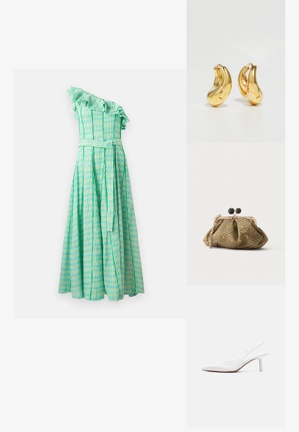 Robe verte à une épaule avec des volants ondulés, des rayures verticales dans des nuances de vert et de bleu, et une ceinture assortie à la taille.; Chaussure pour femme en cuir blanc avec bride arrière, bout pointu, petit talon kitten bas et petit nœud décoratif sur le dessus, vue de profil latéral.; Petite pochette avec motif géométrique doré et noir, cadre en métal doré, fermeture à boule noire et une courte chaîne dorée.; Boucles d'oreilles en or en forme de d'anneaux lisses et courbés avec une finition polie. Équipées d'un mécanisme de fermeture et de légères indentations pour le détail.