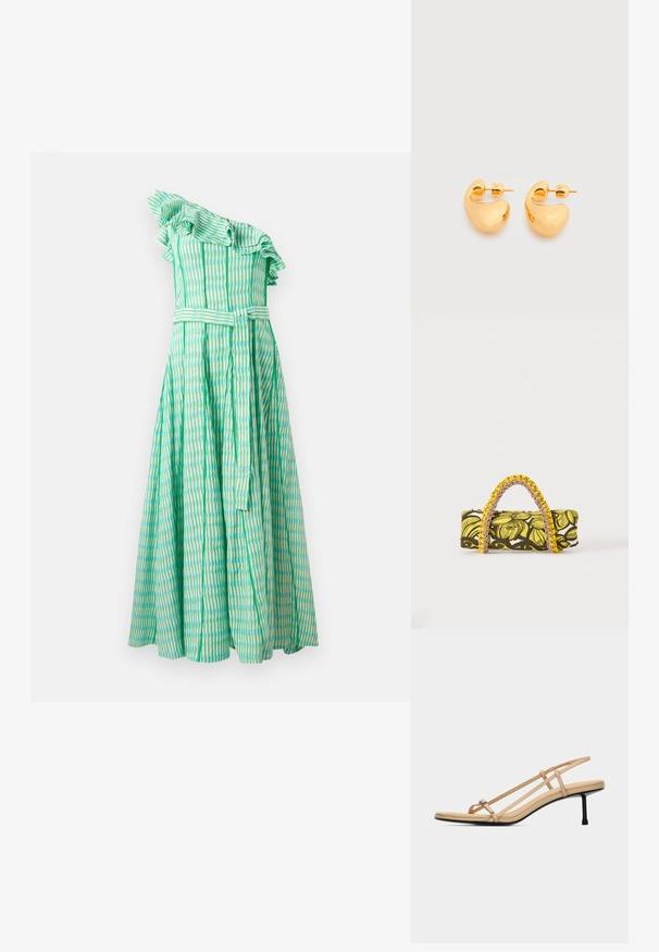Vestido verde de un solo hombro con volantes ondulados, rayas verticales en diferentes tonalidades de verde y azul, y un cinturón a juego en la cintura.; Sandalia beige con tiras finas, lazo delgado para el dedo, dos tiras laterales, tira trasera, plantilla acolchada y tacón medio delgado en negro.; Bolsa rectangular con patrón floral en amarillo y negro y asa trenzada amarilla y rosa sobre fondo blanco.; Par de pequeños pendientes de botón de tono dorado, robustos, con formas abstractas suaves y curvas sobre un fondo claro.