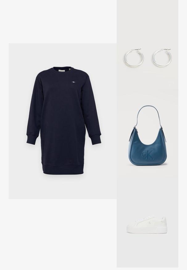 Tumedate sweatshirt-riietus pehmest puuvilla segust. Omab pikki varrukaid, ribakudumisega mansette ja ümarat kaela. Rinnal on väike logo detail.; Valged platvormiketid sileda nahkjalaga, ümmargune varvas, valged paelad ja peen logo detail küljel. Lame kummist tald.; Sinine nahast õlakott, mille esiküljel on keskel reljeefne CK logo ja mõlemal küljel hõbedase tooniga tõmblukud.; Keskmise suurusega läikivad hõbedased rõngakujulised kõrvarõngad õhukeste metallist kinnitustega heledal neutraalsel taustal.