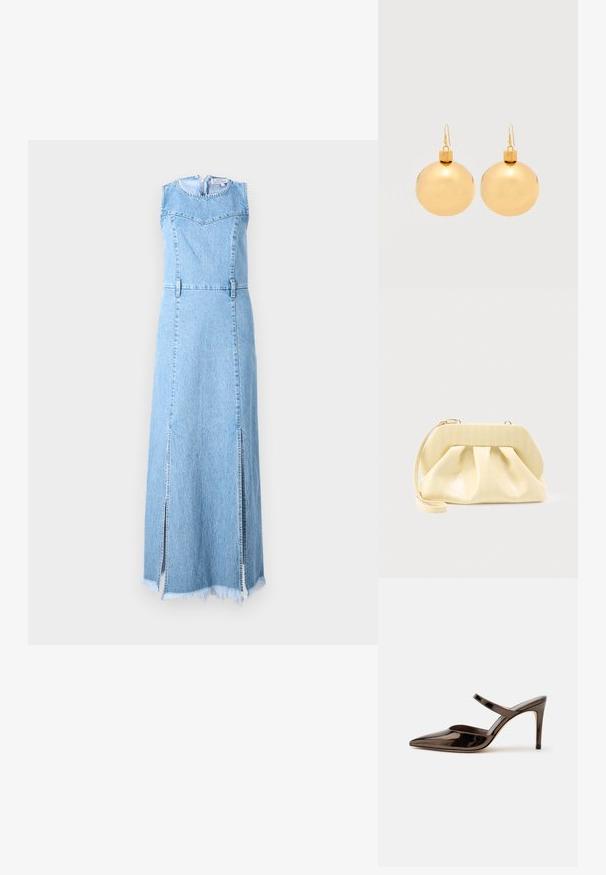 Denim maxi kjole i lys blå, ærmeløs design med rund halsudskæring, med to sidelæg og frynset kantdetalje.; Skinnende mørkebrune mule med spids tå og høje hæle med en tynd rem over foden på en ensfarvet hvid baggrund.; Clutch-taske i cremefarvet læder med en struktureret topramme og håndledsrem, vist mod en enkel lys baggrund.; Par af skinnende gyldne julekugleøreringe med krog-lukninger på en ensfarvet hvid baggrund.