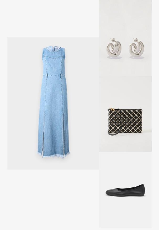 Denim maxi kjole i lys blå, ærmeløs design med rund halsudskæring, med to sidelæg og frynset kantdetalje.; Sort læderballetsko med rund tå, glat tekstur, minimal syning og et fleksibelt såldesign.; Sort og beige mønstret håndleds clutch med en guldfarvet lynlås og aftagelig sort rem, vist på en hvid baggrund.; Sølv metaløreringe med et svunget design, der har glatte overflader og en poleret finish, sikret med en sommerfugleklips.