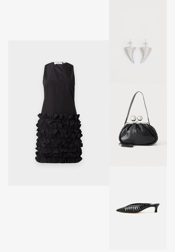 Schwarzes ärmelloses Kleid mit V-Ausschnitt und einem rüschendigen Stoffdesign in der Taille, kontrastierender glatter Oberteil mit strukturiertem unteren Teil.; Schwarze Leder-Mule mit spitzer Schuhspitze, Riemchen-Design und niedrigem Kittenheel auf weißem Hintergrund.; Schwarze Ledertasche mit gerafftem Design, einem einzelnen Riemen, silbernem Metallrahmen und zwei großen runden silbernen Verschlüssen.; Silberne, hornförmige Ohrringe, besetzt mit kleinen klaren Steinen, mit einem Steckverschluss zur Befestigung. Glatte Textur und metallisches Finish.