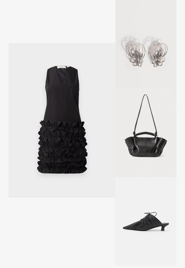Vestido negro sin mangas con escote en V y un diseño de tejido con volantes en la cintura, parte superior lisa que contrasta con la parte inferior texturizada.; Mules negros de cuero sin hebillas con punta afilada, textura recogida y un pequeño tacón de gato. Presentan un detalle de cordón en la abertura.; Bolso de piel negra con un acabado texturizado, suaves pliegues, asas dobles y un detalle de mango trenzado. Compacto, con un diseño de parte superior abierta.; Par de pendientes de metal plateado con diseño de jaula de alambre abierto y formas ovaladas centrales lisas que proyectan sombras curvas sobre un fondo blanco.