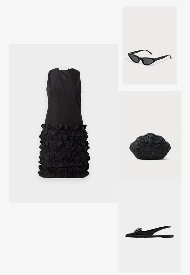Robe noire sans manches avec un décolleté en V et un design à fronces au niveau de la taille, avec un haut lisse contrastant et un bas texturé.; Ballerine slingback en cuir noir à bout pointu, avec une large bride et une boucle métallique ronde sur le dessus.; Lunettes de soleil noires forme œil de chat avec verres foncés et branches fines, marquées "MAGDA BUTRYM" sur le côté.; Sac à main en osier noir en forme de coquille Saint-Jacques avec un dessus courbé et une texture tressée sur un fond uni.