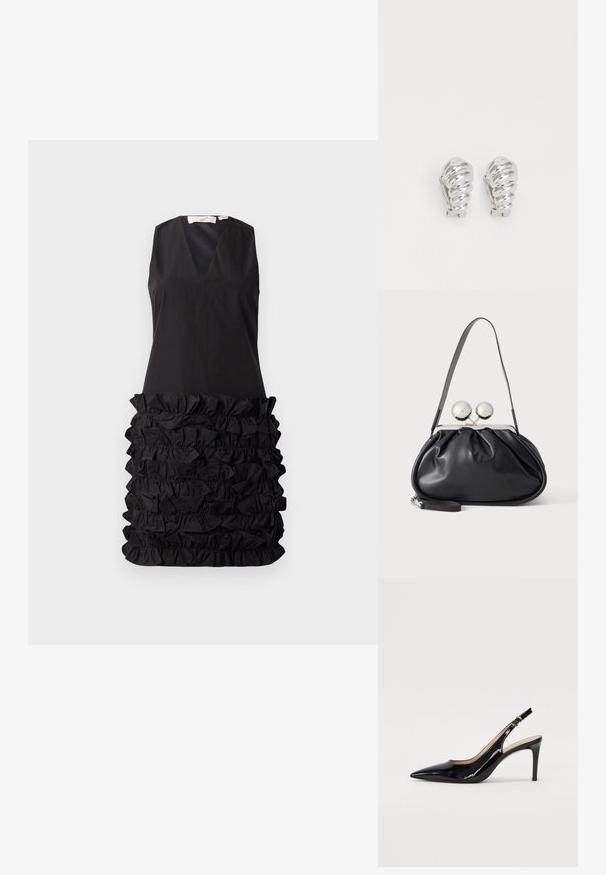Robe noire sans manches avec un décolleté en V et un design à fronces au niveau de la taille, avec un haut lisse contrastant et un bas texturé.; Pompe slingback en cuir verni noir avec un bout pointu, un talon fin et un design de découpes subtil. Elle dispose d'une boucle dorée sur la sangle.; Sac à main en cuir noir avec un design plissé, une sangle unique, un cadre métallique argenté et deux grandes fermoirs ronds en argent.; Boucles d'oreilles en clip argentées avec un design en spirale, présentant une texture métallique lisse et des formes arrondies. Pas d'embellissements ou de motifs visibles.