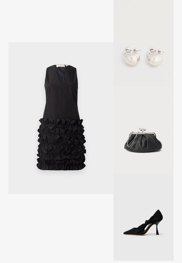 Vestido negro sin mangas con escote en V y un diseño de tejido con volantes en la cintura, parte superior lisa que contrasta con la parte inferior texturizada.; Zapato de tacón alto de ante negro con punta afilada y un detalle de nudo en el lateral. Presenta un tacón stiletto brillante y un diseño con corte.; Clutch de cuero negro con textura arrugada, marco de metal en tono plateado, cierre de beso y cadena para colgar. Superficie suave y lisa.; Par de pendientes llamativos de aro grueso plateado brillante con cierre de poste sobre un fondo blanco liso.