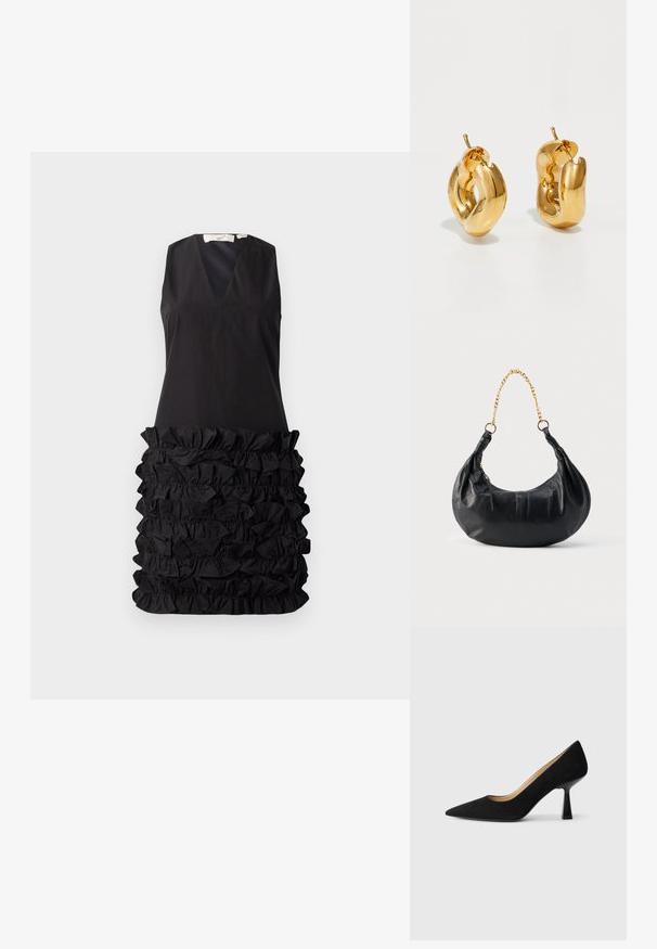 Robe noire sans manches avec un décolleté en V et un design à fronces au niveau de la taille, avec un haut lisse contrastant et un bas texturé.; Pompe à talons hauts en suède noir avec un bout pointu, dotée d'un talon bloc noir brillant et d'une doublure intérieure lisse.; Sac à main en cuir noir en forme de croissant avec une lanière chaîne en or et une fermeture éclair latérale.; Boucles d'oreilles créoles en or massif avec un design tubulaire légèrement tordu et des fermoirs à tige sur un fond blanc.