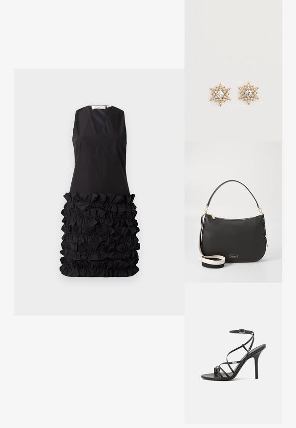 Schwarzes ärmelloses Kleid mit V-Ausschnitt und einem rüschendigen Stoffdesign in der Taille, kontrastierender glatter Oberteil mit strukturiertem unteren Teil.; Schwarze High-Heel-Sandale mit dünnen Riemen, einem Knöchelverschluss, einer glatten Lederoberfläche und einem schlanken Stiletto-Absatz.; Schwarze Lederhandtasche mit geschwungener Form, goldener Reißverschluss und Logo-Plakette. Enthält einen abnehmbaren Riemen mit schwarz-weißer Farbblockierung.; Ohrstecker in Sternform mit Goldton, die einen zentralen klaren Stein umgeben, umgeben von kleineren Kristallen und Perlen sowie spitzensternähnlichen Akzenten.