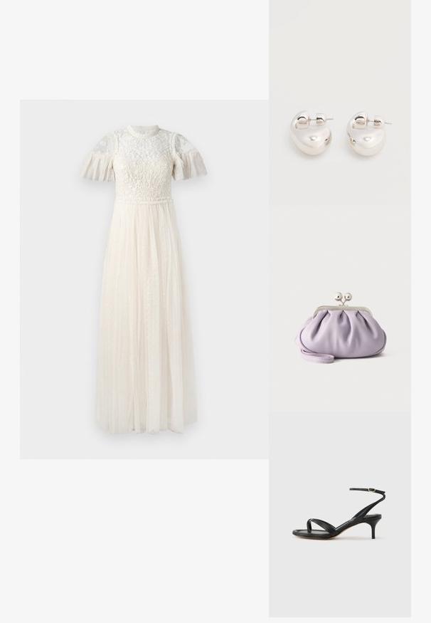 Robe blanche avec un corsage transparent brodé et des manches courtes à volants. La jupe est longue, en tissu léger et texturé à pois.; Sandale pour femme en cuir noir avec fines lanières, une boucle d'orteil, une boucle à la cheville et un talon aiguille de hauteur moyenne sur un fond neutre.; Pochette lavande douce avec tissu froncé, fermoir kiss-lock argenté et bracelet assorti sur un fond clair uni.; Paire de boucles d'oreilles argentées brillantes et épaisses avec fermoirs à tige, sur fond blanc uni.