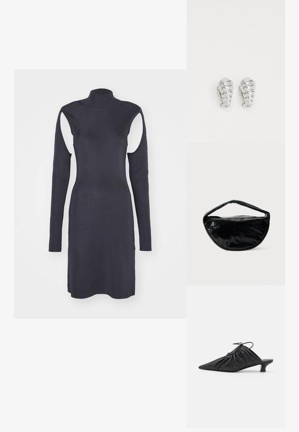Robe côtelée bleu marine avec un col haut, des manches longues et des découpes aux épaules. Design ajusté avec un ourlet droit. Texture lisse.; Mules noirs en cuir à enfiler avec un bout pointu, une texture froncée et un petit talon aiguille. Présente un détail à cordon au niveau de l'ouverture.; Sac à main noir brillant à la forme de demi-lune et à une seule anse ronde. Il dispose d'une fermeture éclair et d'une surface lisse et réfléchissante.; Boucles d'oreilles en clip argentées avec un design en spirale, présentant une texture métallique lisse et des formes arrondies. Pas d'embellissements ou de motifs visibles.