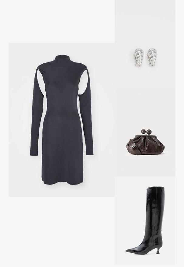 Marineblaues geripptes Kleid mit hohem Kragen, langen Ärmeln und Ausschnitten an den Schultern. Enganliegendes Design mit geradem Saum. Angenehme Textur.; Schwarze Lederstiefel bis zum Knie mit glänzender Oberfläche, spitzer Zehe und kleinem, quadratischen Absatz. Glatte Textur, minimale Nähdetails.; Braune Clutch aus krokodilledergeprägtem Leder mit gerafftem Design, ausgestattet mit einem Metall-Kiss-Lock-Rahmen und zwei runden Holzverschlusspommel.; Silberne Clip-On-Ohringe mit spiralförmigem Design, das eine glatte metallische Textur und abgerundete Formen aufweist. Keine sichtbaren Verzierungen oder Muster.