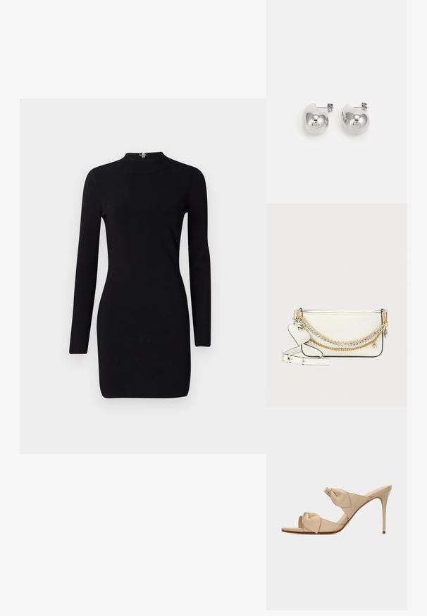 Schwarzes Langarmkleid mit taillierter Silhouette, hohem Kragen und einem Reißverschluss auf der Rückseite. Sanfte Textur und elastischer Stoff. Keine Muster oder Akzente.; Beige offene High-Heel-Pantoffel mit zwei verdrehten Knotenriemen und einem schlanken Stiletto-Absatz vor weißem Hintergrund.; Weiße Lederhandtasche mit silbernen und goldenen Ketten, herzförmigem Anhänger und verstellbarem Riemen. Glatte Textur und strukturierte rechteckige Form.; Silberne Tropfohrringe mit abgerundeten, reflektierenden Oberflächen; minimalistisches Design mit glatter Textur und subtilen Brandingdetails.