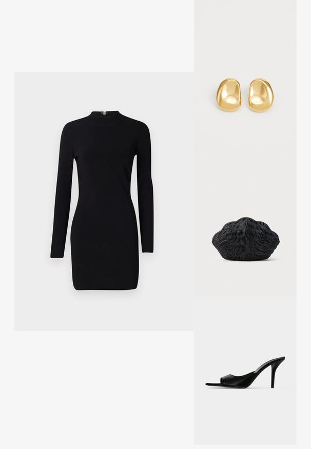 Schwarzes Langarmkleid mit taillierter Silhouette, hohem Kragen und einem Reißverschluss auf der Rückseite. Sanfte Textur und elastischer Stoff. Keine Muster oder Akzente.; Schwarzer Leder-Pantolette mit offenem Zehenbereich und hohem, schlankem Stiletto-Absatz, im Seitenprofil vor neutralem Hintergrund gezeigt.; Schwarze Korbtasche in Muschelform mit gebogenem Oberteil und gewebter Textur auf einfarbigem Hintergrund.; Goldfarbene Ohrstecker mit einer glatten, runden Form und einer reflektierenden Oberfläche, die ein minimalistisches Design ohne sichtbare Muster zeigen.