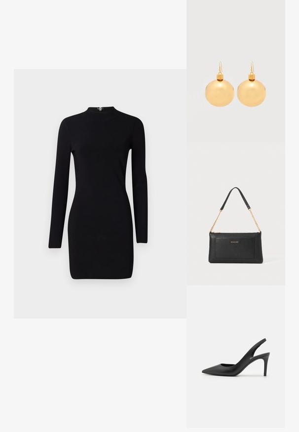 Schwarzes Langarmkleid mit taillierter Silhouette, hohem Kragen und einem Reißverschluss auf der Rückseite. Sanfte Textur und elastischer Stoff. Keine Muster oder Akzente.; Schwarze Leder Slingback High Heels mit einem spitzen Zehendesign, das an der Vorderseite ein Ausschnitt hat und einen dünnen Stilettoblock. ; Schwarze Ledertasche mit einer Kieseloberfläche, goldener Kettenriemen und einer Fronttasche. Auf der Vorderseite befindet sich ein goldenes Logo.; Paar glänzende goldene Weihnachtskugel-Ohrringe mit Hakenverschlüssen auf einfachem weißem Hintergrund.