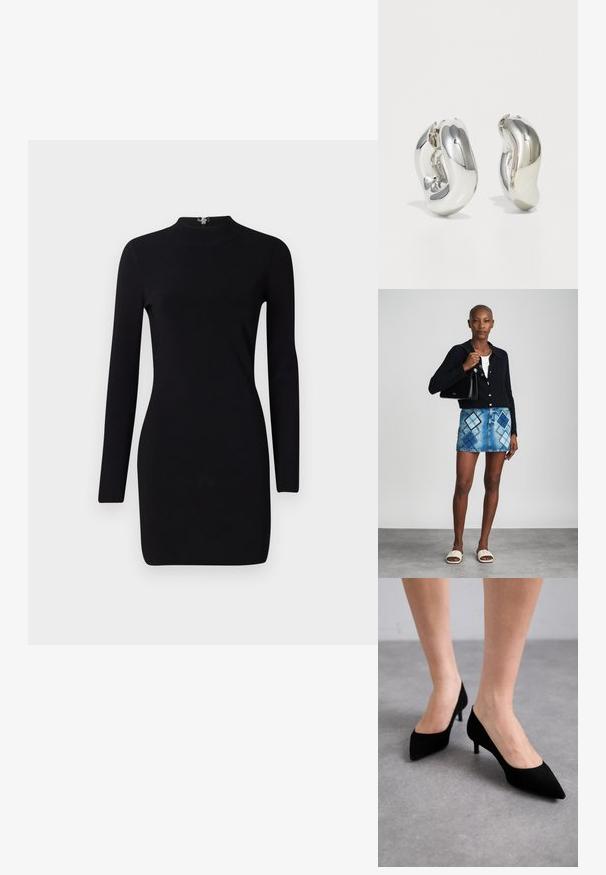 Robe noire à manches longues avec une silhouette ajustée, col haut et fermeture éclair au dos. Texture lisse et tissu extensible. Sans motifs ni accents.; Talons aigus en daim noir avec un talon moyen slim et classique, et une large ouverture, présentés sur des pieds nus sur un fond gris.; Un cardigan en maille noir, un haut blanc, une jupe en denim avec un motif de diamants bleus et noirs, un sac à main noir et des sandales à enfiler beiges.; Boucles d'oreilles sculpturales en argent avec des formes douces et courbes et des surfaces réfléchissantes. Présentent un design de boucle fermée et une forme organique distincte.
