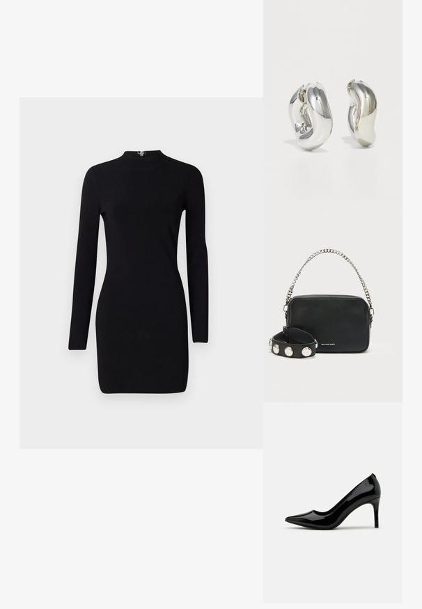 Zwart lange mouwen jurk met een aansluitende silhouet, hoge hals en een ritsluiting aan de achterkant. Gladde textuur en rekbare stof. Geen patronen of accenten.; Zwarte lakleren hoge hakpumps met een spitse neus en slanke silhouet, met een gladde textuur en minimalistisch ontwerp.; Zwarte leren crossbodytas met een getextureerde afwerking, zilveren kettingband en gespen zwarte polsband. Voorzien van een ritssluiting aan de bovenkant en logo-detail.; Zilveren sculpturale oorbellen met gladde, gebogen vormen en reflecterende oppervlakken. Voorzien van een gesloten hoepelontwerp en een onderscheidende organische vorm.